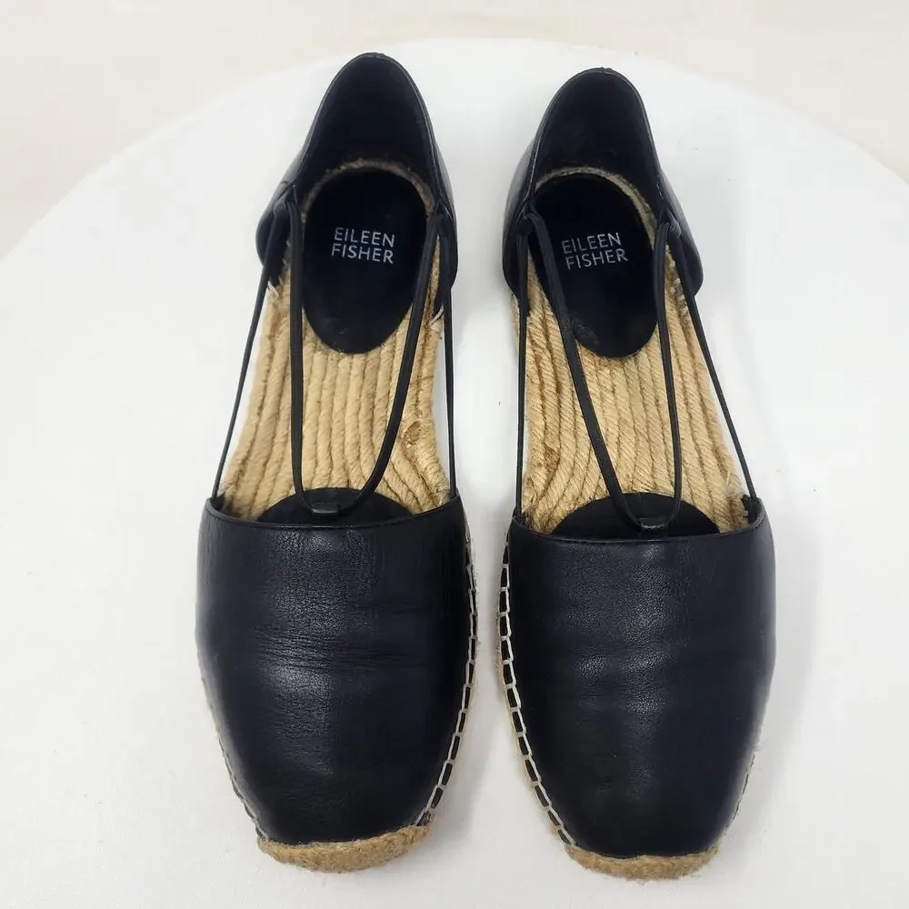 Eileen Fisher Lee Espadrille Flat Women 8 Black Leather D'Orsay Stretch Straps